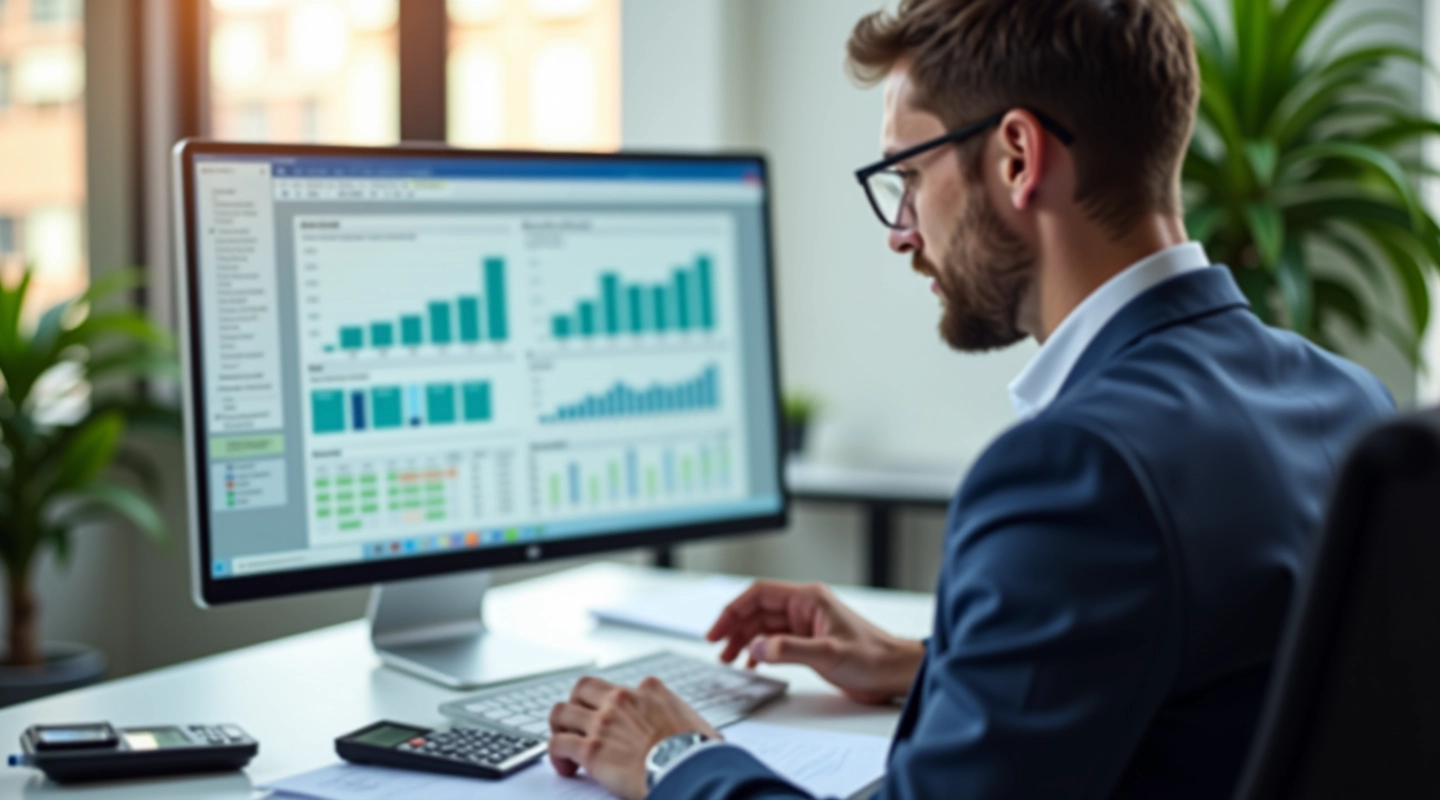 Accountant at desk reviewing financial documents and comparing accounting software features on laptop
