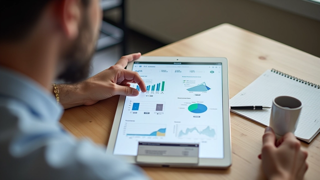 Entrepreneur reviewing financial reports and accounting software comparison at modern office desk with laptop and documents