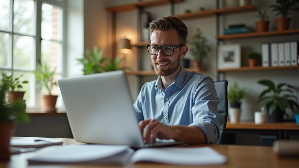 Small business owner working at home office desk with laptop showing invoicing and bank connection software interface